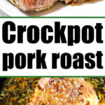 Slow Cooker Pork Roast made with onion soup mix, topped with caramelized onions and herbs, shown cooked and ready to serve.