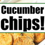 A hand dips a crispy cucumber chip into sauce, with a plate of freshly made cucumber chips in the background.