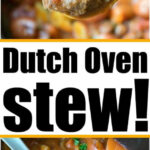 A spoonful of hearty dutch oven stew with carrots, potatoes, meat, and parsley hovers above a simmering pot of savory dutch oven stew.