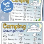Camping Scavenger Hunt list with icons to spot and color, featuring a tent, campfire, pinecone, and animals for outdoor fun.