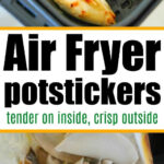 Frozen potstickers in a bag and perfectly cooked potstickers in air fryer basket, golden and crispy.