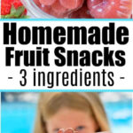 Homemade fruit snacks shaped like flowers, made with just 3 ingredients, are held by a child in front of a sparkling swimming pool.