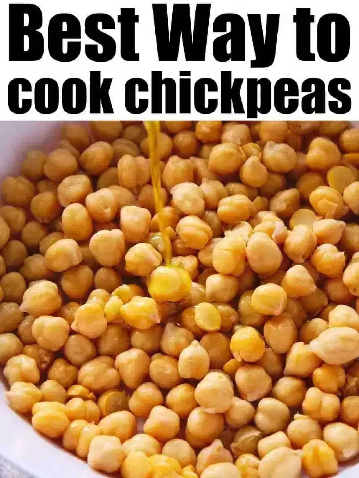 Chickpeas in air fryer are crispy high protein snacks with tons of flavor. Tossed in taco seasoning they cook in no time. You'll love bringing these on the go. #airfryerchickpeas #chickpeas #airfryer #airfryerrecipes #ninjafoodi Cooked chickpeas in a bowl with oil being poured over them; text reads Best Way to cook chickpeas, including delicious air fryer chickpeas.