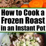 Shredded roast beef with carrots and a raw frozen roast in Instant Pot, topped with onions and herbs for a flavorful meal.