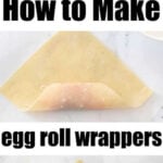 Step-by-step process of making homemade egg roll wrappers with dough on a white surface.