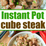 Bowl of instant pot cube steak in rich gravy over rice, garnished with chopped chives, shown from above.