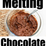 Three stages of Melting Chocolate Chips in Microwave shown in a glass bowl with a spoon: solid, partially melted, and fully melted.