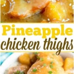 Close-up of easy pineapple chicken thighs with sauce and chopped green onions, served over white rice.