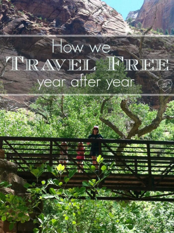 Person and child stand on a wooden bridge in a lush canyon; text reads, How we travel free year after year&mdash;discovering places you can camp for free.