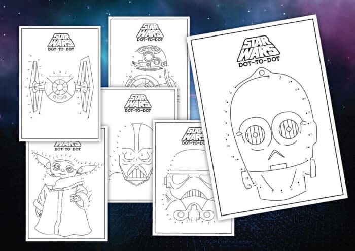 Six free "Star Wars" themed dot-to-dot coloring pages are arranged on a galaxy-themed background. The pages feature characters and items such as a TIE fighter, Yoda, a stormtrooper helmet, C-3PO, and another figure. Each page proudly displays the "Star Wars Dot-to-Dot" title for your enjoyment.