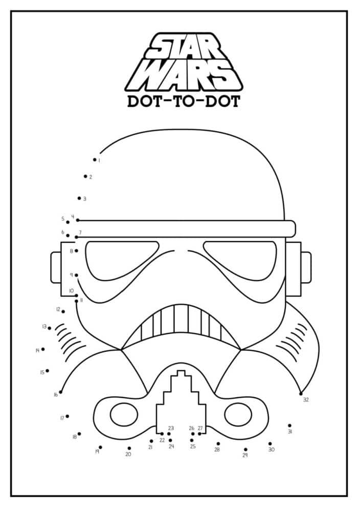 A Star Wars-themed dot-to-dot activity featuring the outline of a Stormtrooper helmet, available as one of our Dot to Dot Printables Free for download.