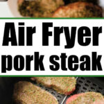 Tongs holding a seasoned pork steak above an air fryer basket filled with more seasoned pork steaks, ready to show how easy it is to cook pork steak in air fryer for a delicious meal.