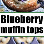 Close-up of blueberry muffin tops with crumb topping, alongside raw blueberry muffin batter in a muffin tin.