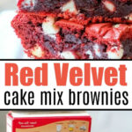 Stack of red velvet brownies from cake mix with white chocolate chips on a plate, next to the cake mix box and more brownies.
