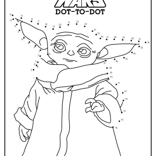 A "Star Wars" themed dot-to-dot activity page featuring the outline of a character wearing a robe. The character has large eyes, long ears, and is holding its hand up. The Dot to Dot Printables Free sheet has numbered dots from 1 to 44, guiding the user to complete the drawing.