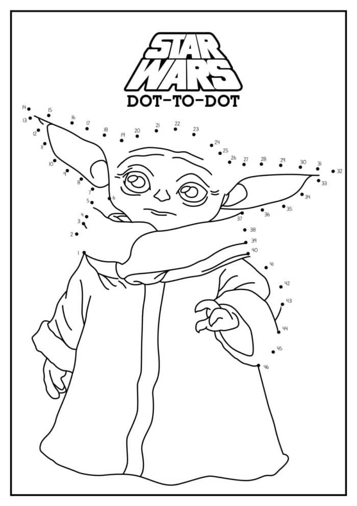 A "Star Wars" themed dot-to-dot activity page featuring the outline of a character wearing a robe. The character has large eyes, long ears, and is holding its hand up. The Dot to Dot Printables Free sheet has numbered dots from 1 to 44, guiding the user to complete the drawing.