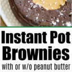 A close-up of pressure cooker brownies reveals a rich chocolate brownie with a peanut butter center and powdered sugar on top.