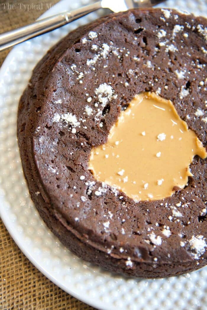 pressure cooker brownie with a melted peanut butter center, sprinkled with powdered sugar on a white plate—perfect for fans of pressure cooker brownies seeking a quick, decadent treat.