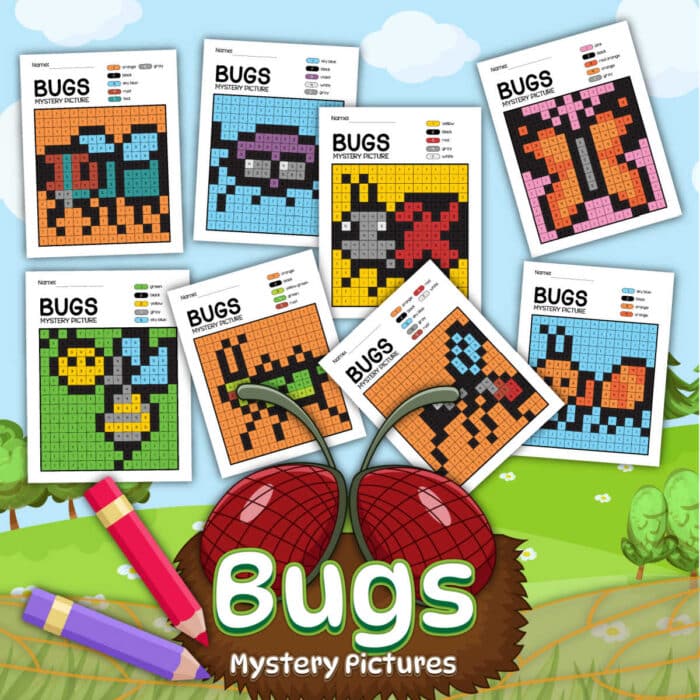 An image of seven "Bugs and Insects Coloring Pages" color-by-number worksheets displayed in a playful, nature-themed background with hills, trees, and blue skies. The worksheets feature pixelated images of various bugs. Text at the bottom reads "Bugs Mystery Pictures.