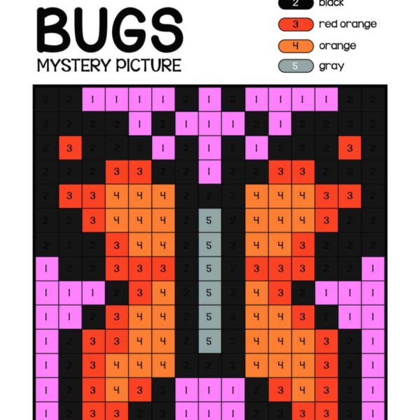 A color-by-number worksheet titled "Bugs Mystery Picture" features a grid filled with numbers and corresponding colors. The colors listed are pink (1), black (2), red orange (3), orange (4), and gray (5). Discover more Bugs and Insects Coloring Pages at www.thetopicalmom.com.