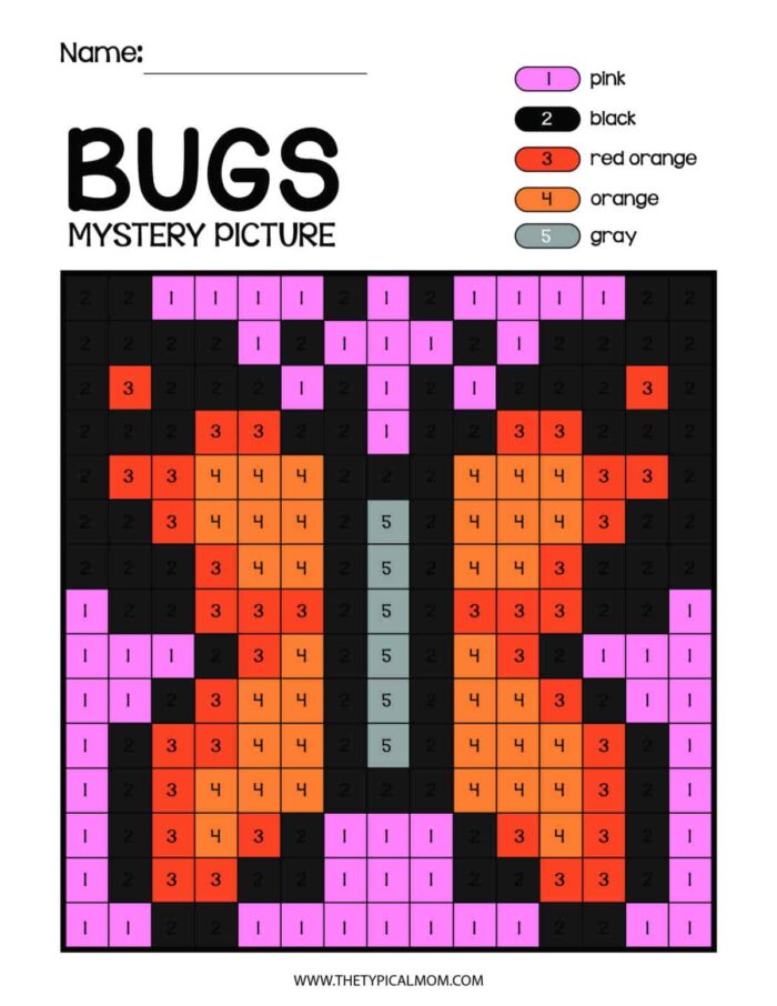 A color-by-number worksheet titled "Bugs Mystery Picture" features a grid filled with numbers and corresponding colors. The colors listed are pink (1), black (2), red orange (3), orange (4), and gray (5). Discover more Bugs and Insects Coloring Pages at www.thetopicalmom.com.