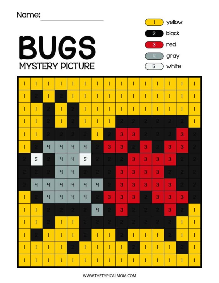 A color-by-number mystery picture titled "Bugs" features a grid with numbers 1 to 5. The color key shows yellow for 1, black for 2, red for 3, gray for 4, and white for 5. Part of the Bugs and Insects Coloring Pages series, it reveals a bug when completed. A blank name field is at the top.