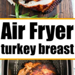 Sliced air fryer turkey breast on a cutting board alongside a whole, cooked air fryer turkey breast in the basket.