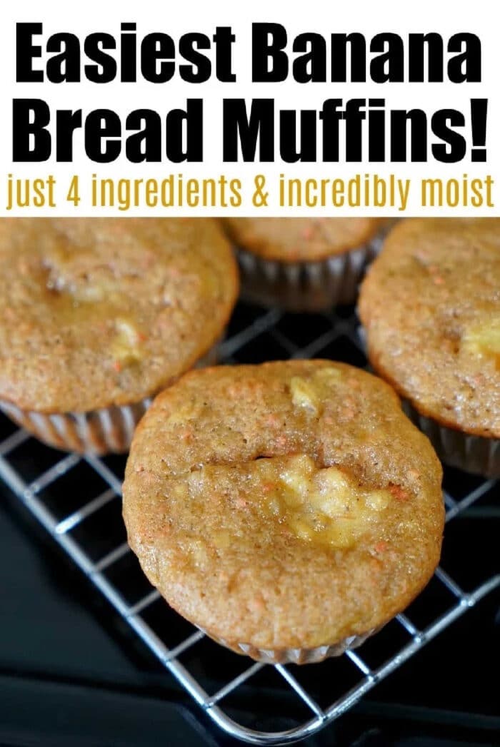 Close-up of 4 ingredient banana bread muffins on a cooling rack with text advertising an easy, delicious recipe.