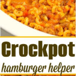 Close-up of a crockpot filled with cheesy hamburger macaroni, with a wooden spoon in the dish—an easy crockpot hamburger helper recipe for hearty, comforting meals.