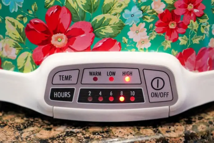 Close-up of a floral-patterned slow cooker, perfect for a beef chuck roast. The control panel displays temperature settings labeled Warm, Low, and High, with corresponding lights. Hours settings range from 2 to 10, showing lights indicating 4 and High are selected.