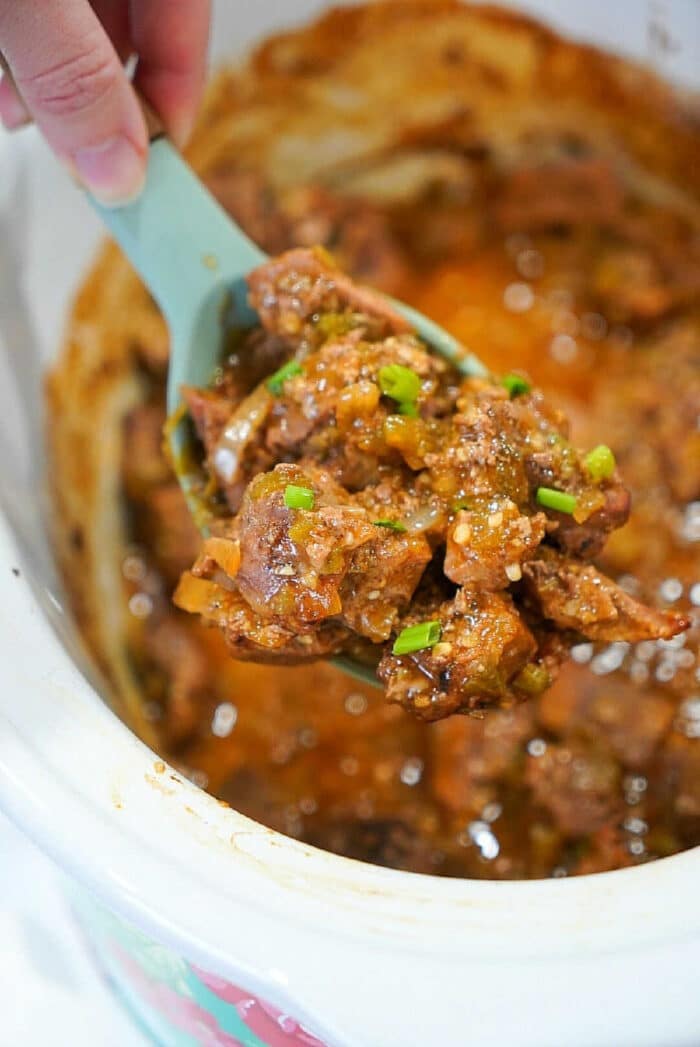 A spoonful of slow cooker pork carnitas stew with vegetables being lifted from a crockpot.