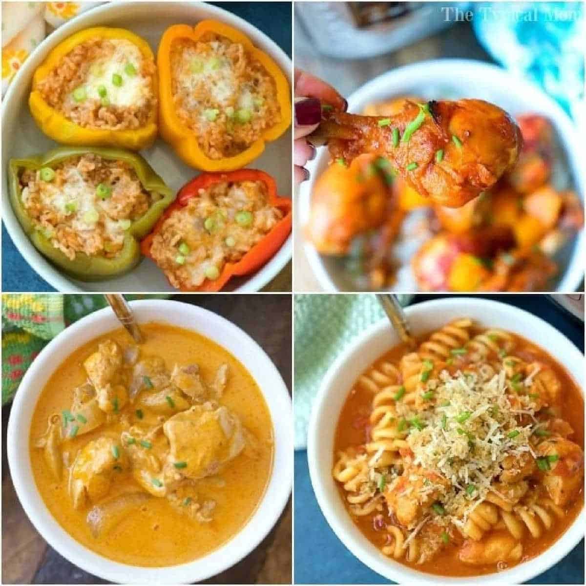 A collage of four food dishes. Top-left: stuffed bell peppers with melted cheese in bowls. Top-right: a hand holding a cooked drumstick over a bowl of similar drumsticks. Bottom-left: chicken in yellow curry sauce in a bowl. Bottom-right: pasta with sauce and grated cheese.