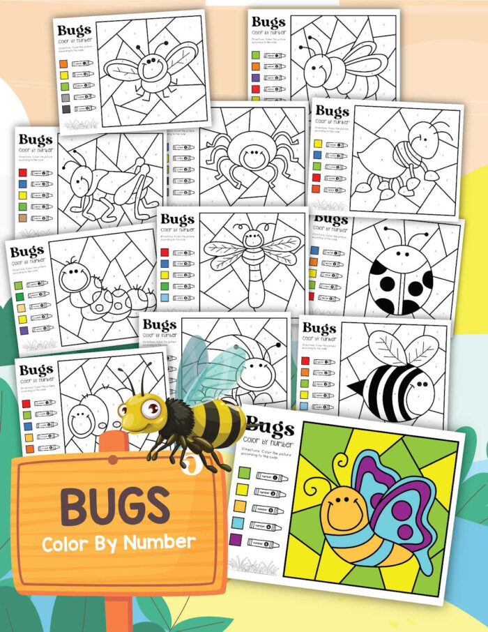 A collection of "Bugs and Insects Coloring Pages" featuring various insects with corresponding color guides. A wooden sign with a bee graphic reads "BUGS Color By Number." An example colored butterfly page is shown in the bottom right.