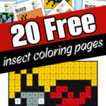 Pixel art Bugs and Insects Coloring Pages with numbers, featuring a large text that says "20 Free insect coloring pages.