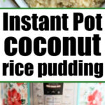 Bowl of pressure cooker coconut rice pudding above cans of coconut milk and evaporated milk near an Instant Pot.