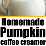 Glass pitcher of homemade pumpkin spice coffee creamer, and pouring creamer into a cup of coffee.