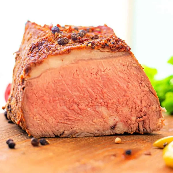 A close-up of a cooked roast beef, sliced to reveal its pink and tender interior. The beef's outer crust is seasoned, reminiscent of How to Cook a New York Strip Roast, and there are black peppercorns and mustard seeds on the wooden cutting board, along with some green leafy vegetables in the background.