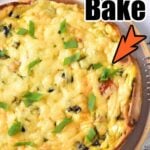 A close-up of a baked tortilla dish topped with melted cheese, chopped green onions, and other ingredients. The image has the text "TikTok Tortilla Egg Bake" written at the top with an orange arrow pointing to the dish, resembling a fusion of a trending Cottage Cheese Quiche delight.