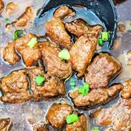 Chunks of beef stew are shown in a brown sauce with a few pieces of chopped green onions on top. A black ladle is being used to stir the delicious meal, making it perfect for family meals.