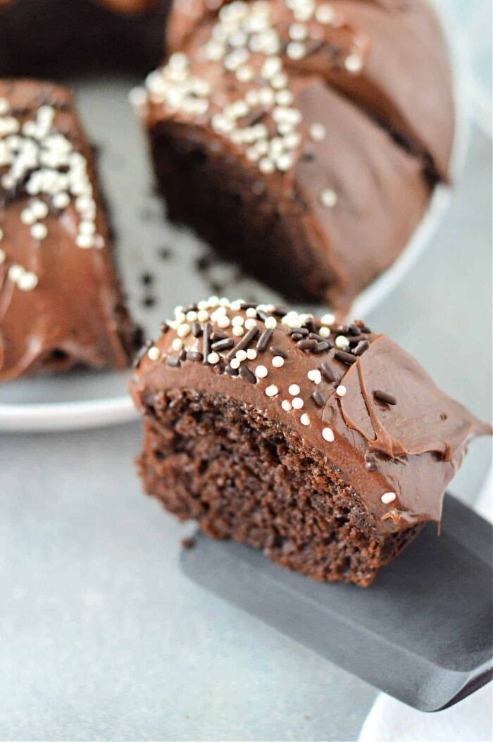 A close-up of a slice of chocolate cake made from cake mix with pudding, adorned with chocolate frosting and white and dark round sprinkles on top. The slice is being held by a black spatula. The remaining cake is visible in the background on a white plate.