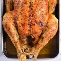 A roasted chicken with golden, crispy skin is placed in a rectangular metal baking dish. The legs of the chicken are tied together, and the dish contains some cooking juices. This delicious family meal appears seasoned and cooked to a well-browned finish.