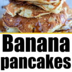 A stack of banana chocolate chip pancakes topped with banana slices, with ripe bananas in a fruit basket below.