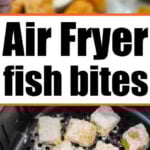 A hand holds a breaded air fryer fish nugget with sauce; below, air fryer fish nuggets cook to golden perfection in the basket.