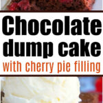 A cake mix chocolate cherry dump cake topped with a scoop of vanilla ice cream sits on a white plate.