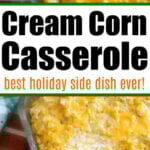 A spoonful of cream corn casserole next to a baking dish filled with the deliciously cheesy cream corn casserole.
