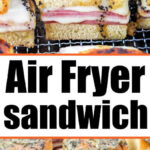 Ham and cheese sandwiches with poppy seed topping rest on a wire rack, showcasing delicious Air Fryer Sandwiches.