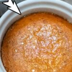 A close-up image shows pumpkin pie baked in a white ramekin. The pie filling is orange-brown with a slightly glossy surface. Text at the top of the image reads: "What to Do With Leftover Pumpkin Pie Filling" with an arrow pointing to the pie.