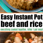 Beef, rice, carrots, and mushrooms come together in this Instant Pot beef stew casserole for an easy one-pot meal.