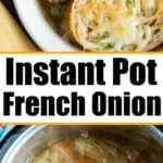 Top: Bread slices with melted cheese and green onions. Bottom: Sliced onions simmering in a pressure cooker for classic French onion soup inside an Instant Pot.