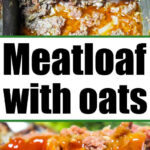 Sliced meatloaf without breadcrumbs and made with oats, topped with tomato sauce, shown in a pan and close-up view.